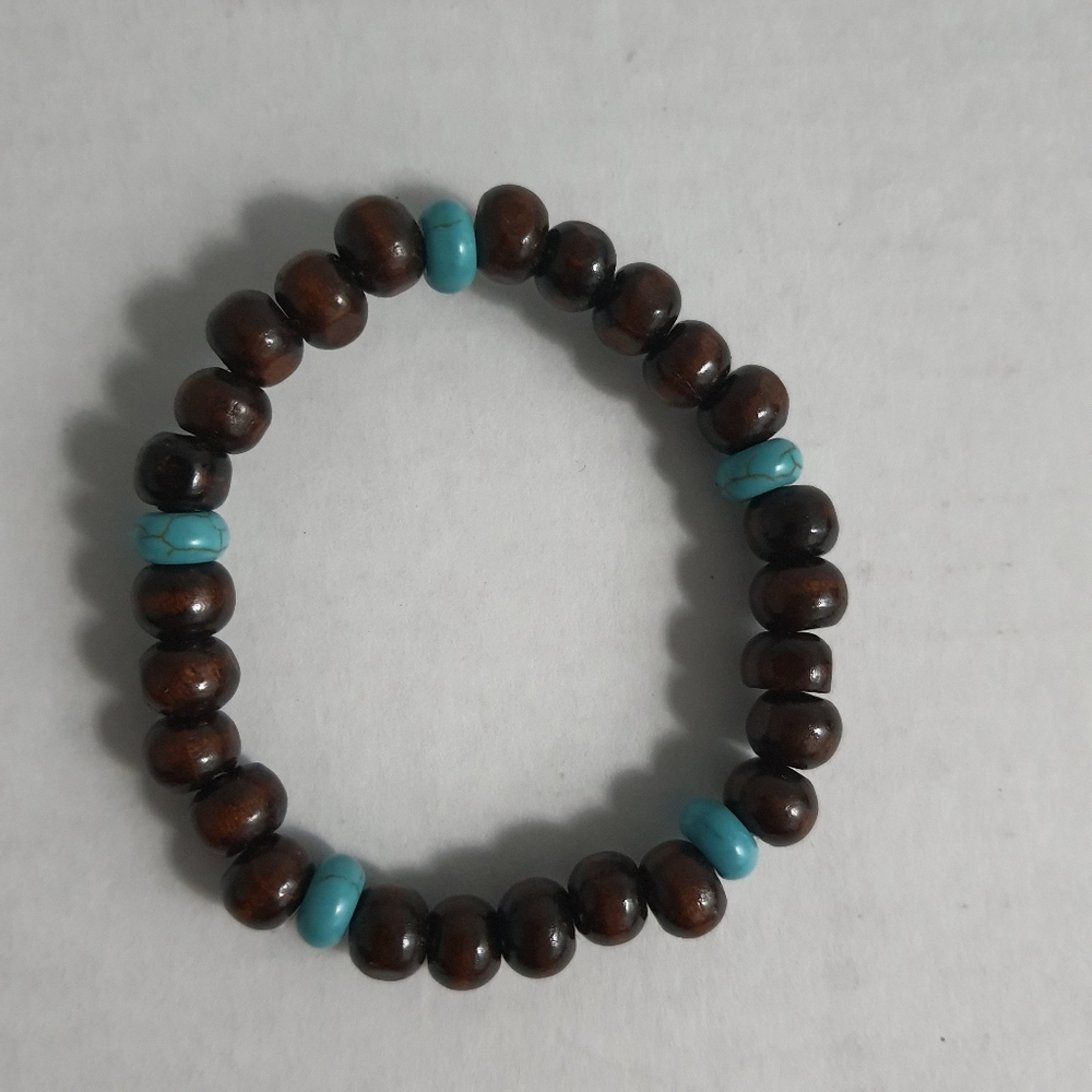 Brown Wooden and Turquoise Beaded Bracelet